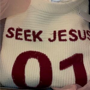 Oversized Crème and Burgundy 'Seek Jesus' Knit Jersey